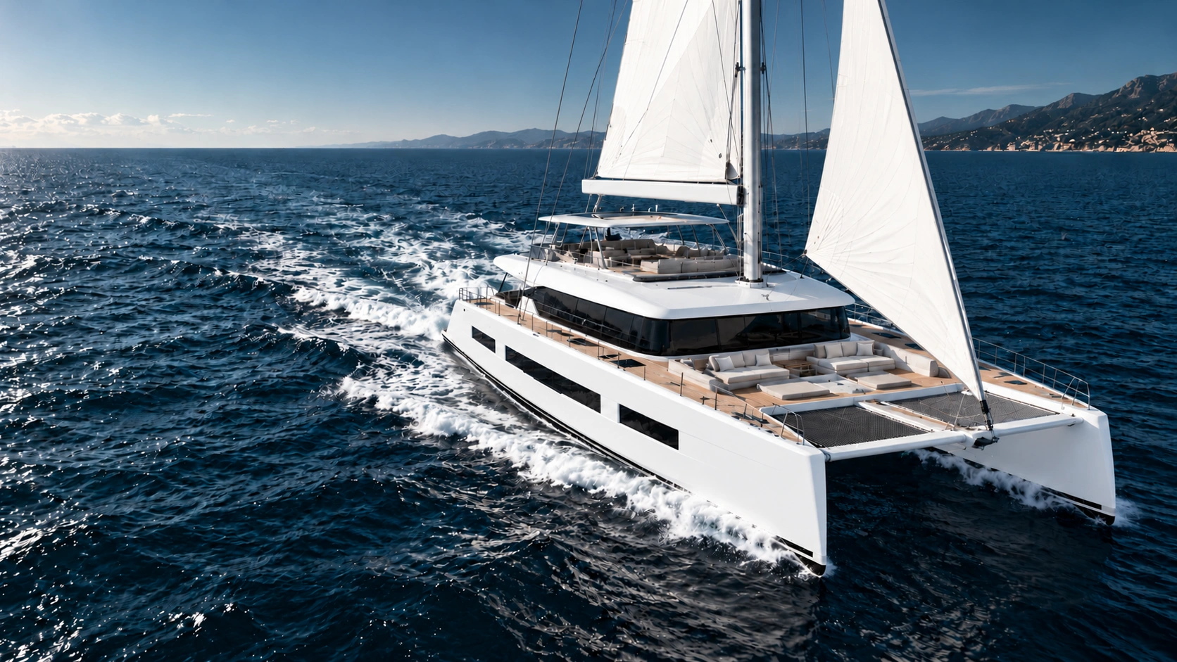 Illustration générée par IA d’un catamaran de luxe blanc en navigation, inspiré du Lagoon Eighty 2